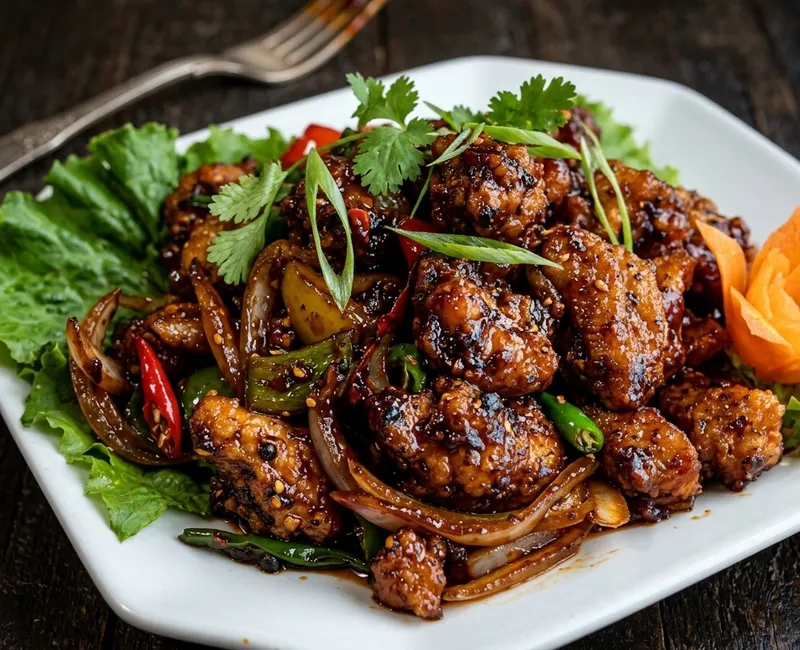 Sizzling chilli chicken wok-tossed with chillies and scallions