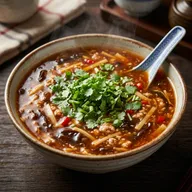 Bowl of hot and sour soup topped with coriander