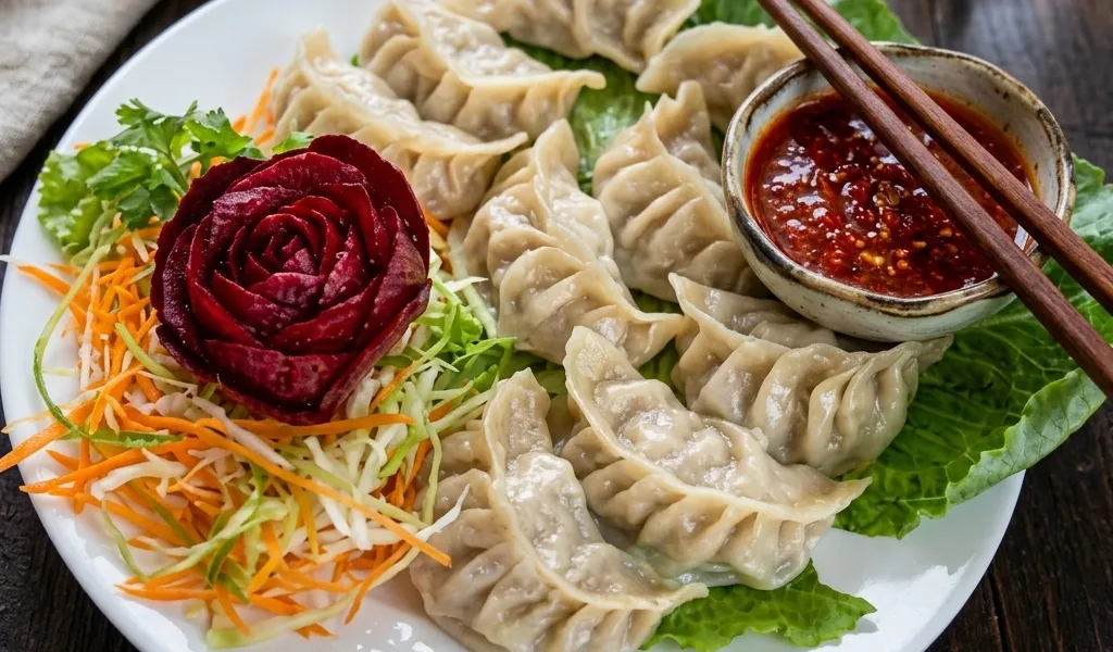 Steamed momos with handcrafted beetroot rose garnish and house chilli dipping sauce
